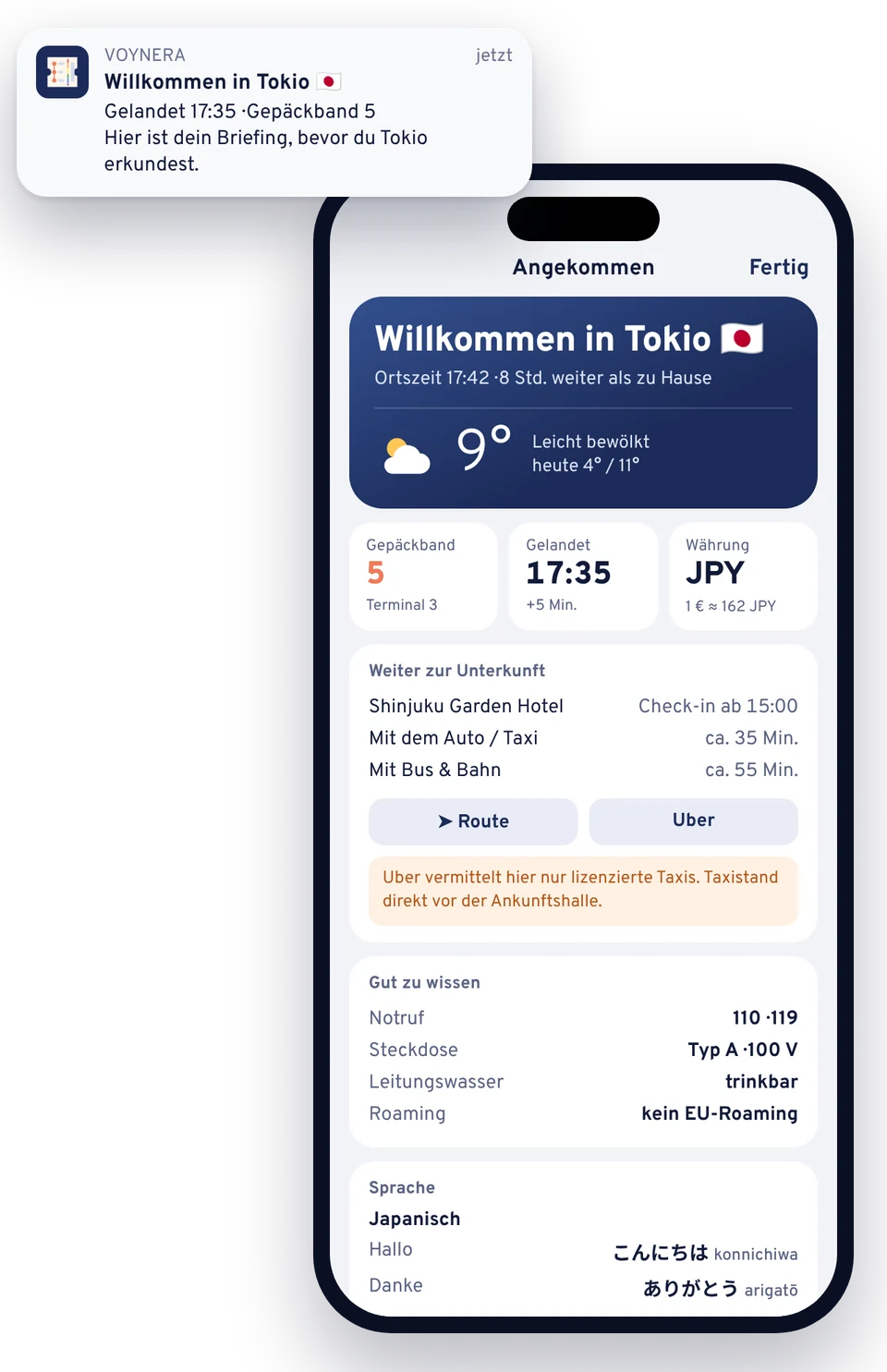 Mitteilung „Willkommen in Tokio“ und das Ankunfts-Briefing mit Wetter, Gepäckband, Währung und Weg zum Hotel