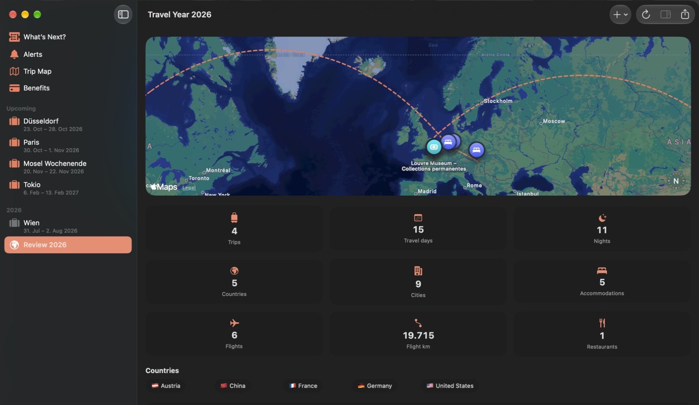 Voynera auf dem Mac: Seitenleiste mit Reisen, Reiseplan in der Mitte, Details rechts
